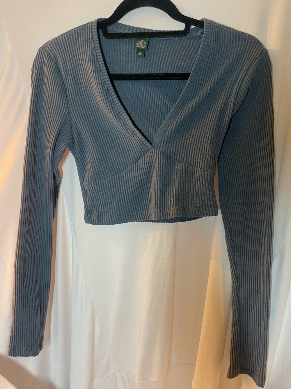 wild fable Slate Blue Ribbed Cropped Wrap Long-Sleeve Top